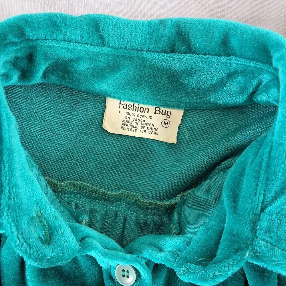 Vintage Fashion Bug 70/80's Teal Velour Button Up Top Ribbed Band 3/4 Sleeve Med - Picture 6 of 10